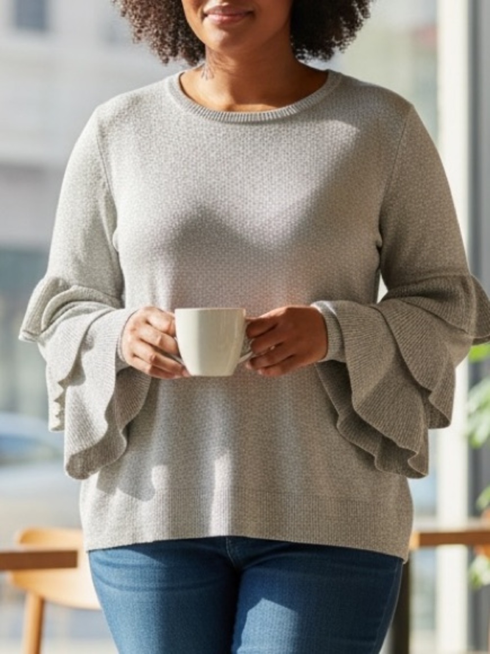 Calvin Klein Silver Sparkle Ruffle Sleeve Sweater